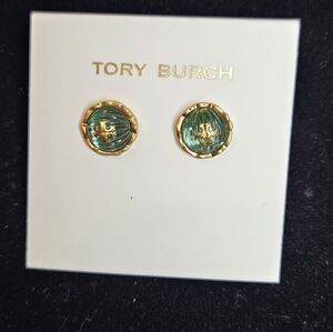 Tory Burch Roxanne Azure Green Rolled Gold Brass Stud Earrings